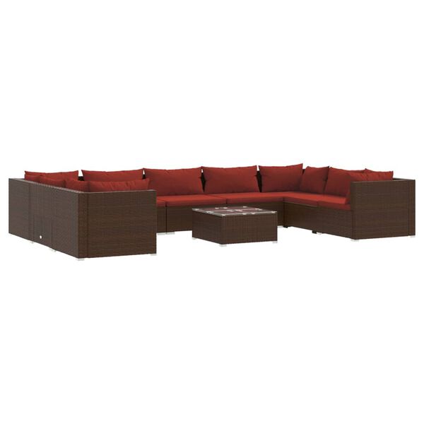 vidaXL Set muebles de jard&iacute;n 10 pzas y cojines rat&aacute;n sint&eacute;tico marr&oacute;n