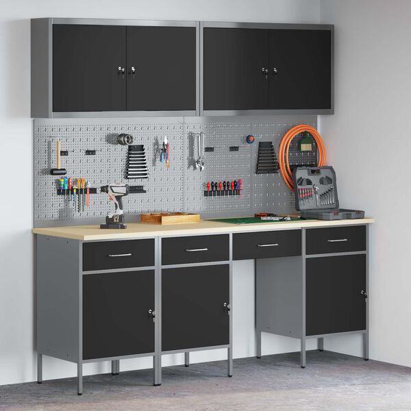 vidaXL Armario de trabajo 10 pcs Negro Madera Ingenierizada y Acero