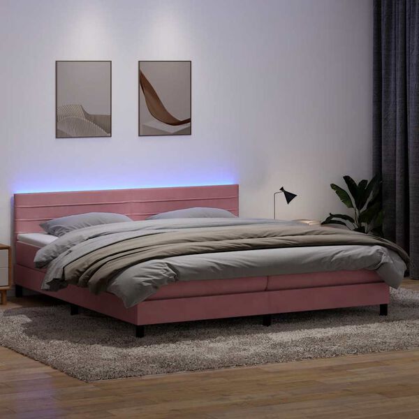vidaXL Cama box spring con colch&oacute;n y LED terciopelo rosa 180x210 cm