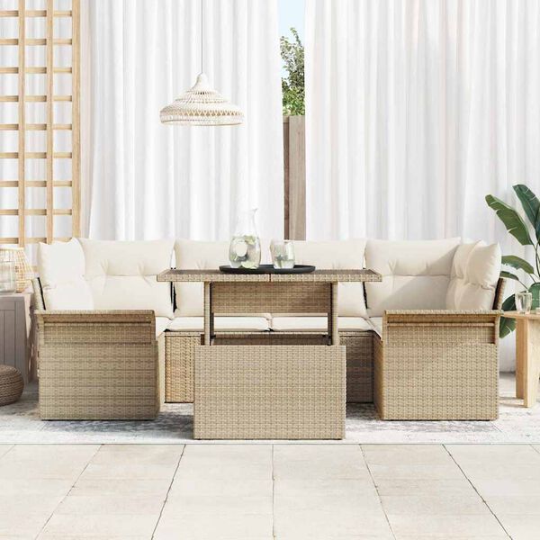 vidaXL Conjunto de sof&aacute; de jard&iacute;n 7 pcs Beige Rattan de Poli&eacute;ster