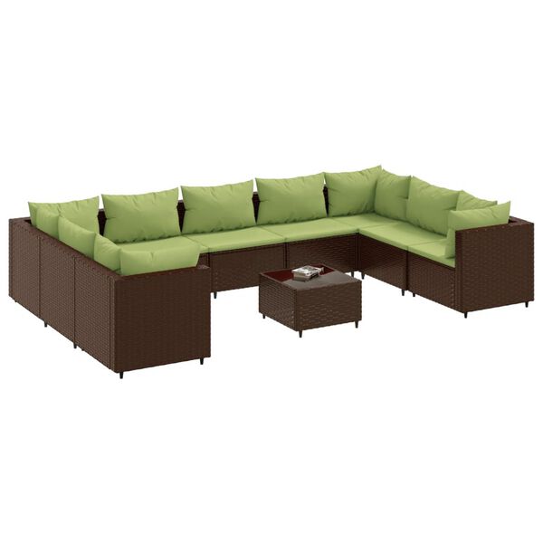 vidaXL Set muebles de jard&iacute;n 10 pzas y cojines rat&aacute;n sint&eacute;tico marr&oacute;n