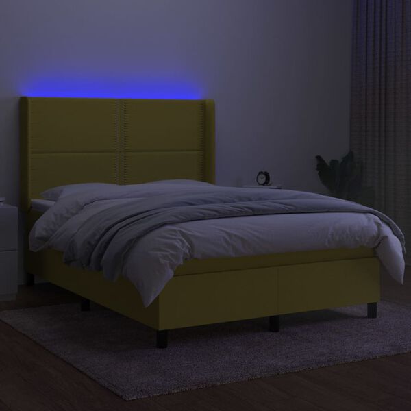 vidaXL Cama box spring colch&oacute;n y luces LED tela verde 140x200 cm