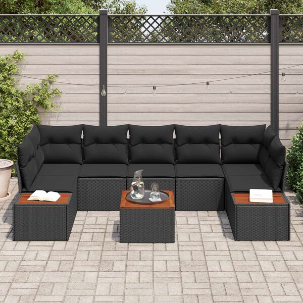 vidaXL Conjunto de sof&aacute; de jard&iacute;n con coj&iacute;n 8 pcs Negro Polirat&aacute;n