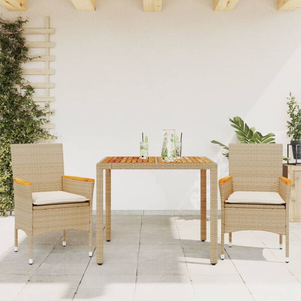 vidaXL Set de comedor jard&iacute;n 3 pzas con cojines rat&aacute;n PE acacia beige
