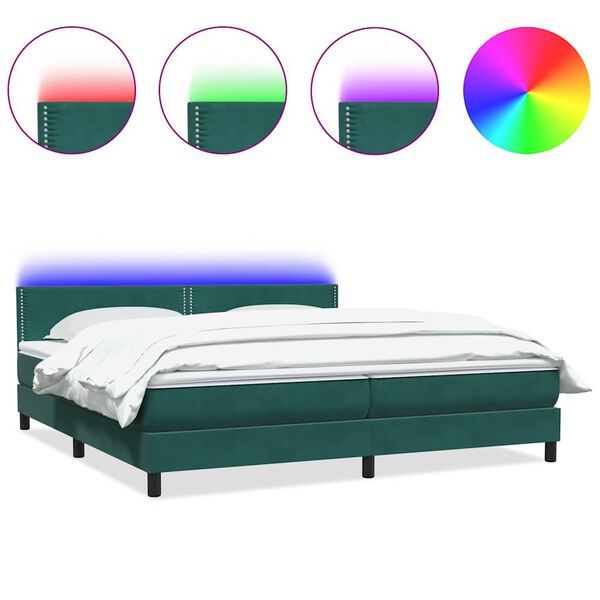 vidaXL Cama box spring con colch&oacute;n y LED terciopelo verde oscuro 180x210 cm