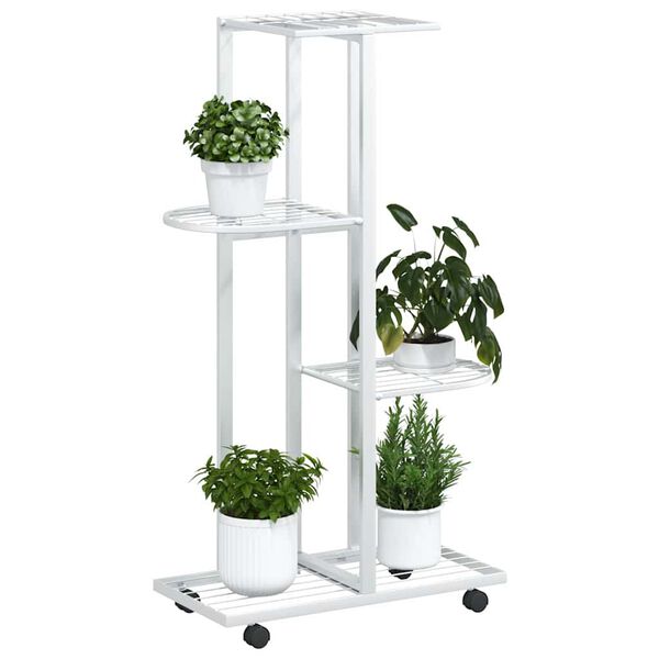 vidaXL Soporte para flores 4 alturas y ruedas hierro blanco 44x23x80cm