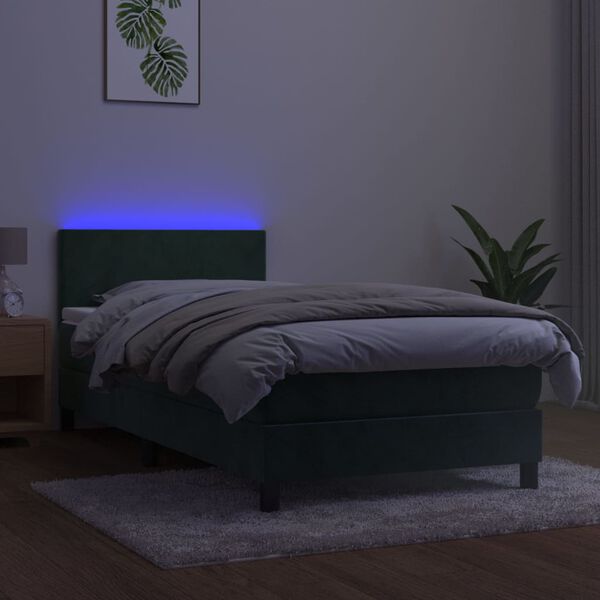 vidaXL Cama box spring colch&oacute;n y LED terciopelo verde oscuro 90x200 cm