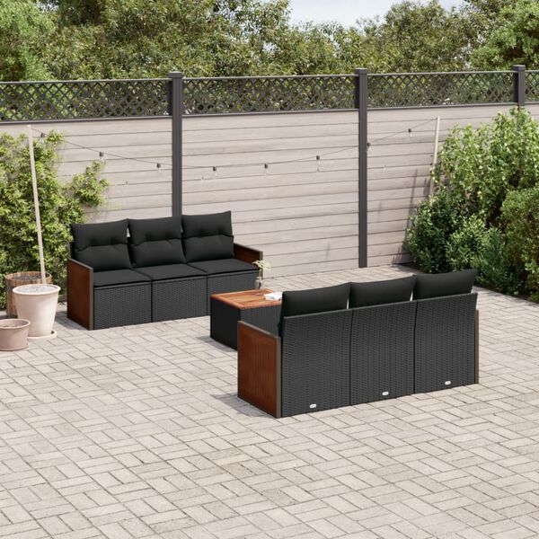 vidaXL Set de comedor de jard&iacute;n 7 pzas y cojines rat&aacute;n sint&eacute;tico negro