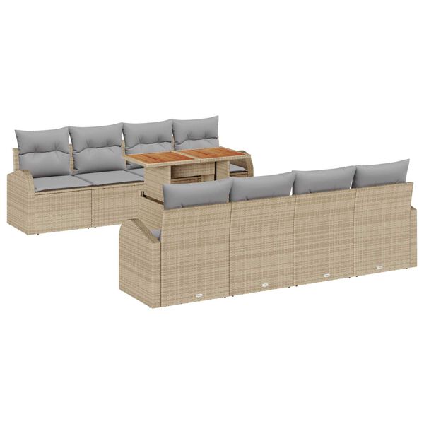 vidaXL Conjunto de sof&aacute; de jard&iacute;n 9 pcs Beige Polirat&aacute;n