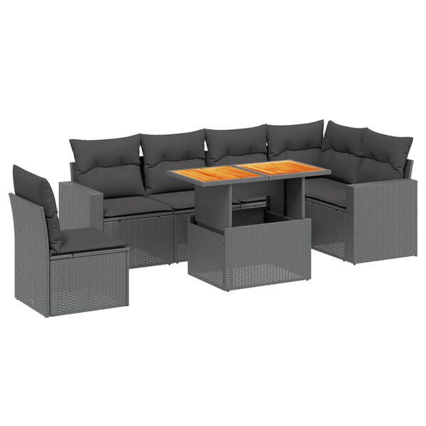vidaXL Set de comedor de jard&iacute;n 7 pzas y cojines rat&aacute;n sint&eacute;tico negro