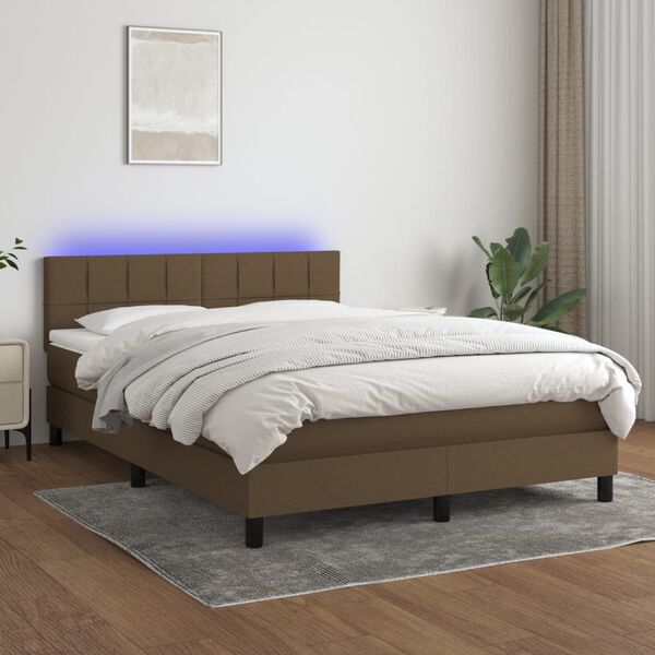 vidaXL Cama box spring colch&oacute;n luces LED tela marr&oacute;n oscuro 140x200cm