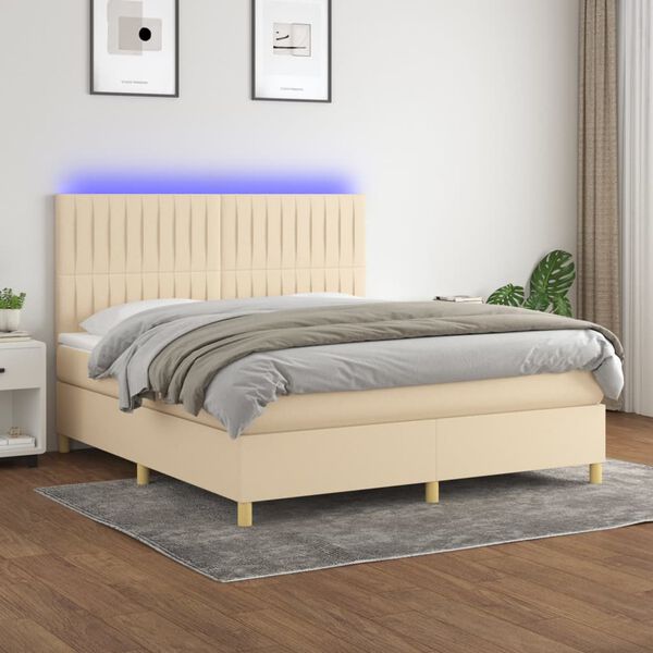vidaXL Cama box spring colch&oacute;n y luces LED tela crema 180x200 cm