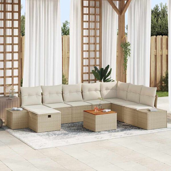 vidaXL Conjunto de sof&aacute; de jard&iacute;n con coj&iacute;n 9 pcs Beige Polirat&aacute;n