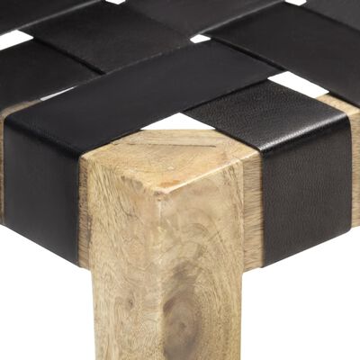 vidaXL Banco de cuero auténtico negro y madera de mango maciza 110 cm