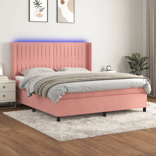 vidaXL Cama box spring colch&oacute;n y LED terciopelo rosa 160x200 cm