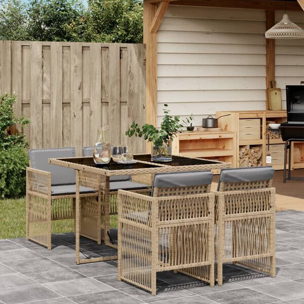 vidaXL Set comedor de jard&iacute;n 5 pzas con cojines rat&aacute;n sint&eacute;tico beige