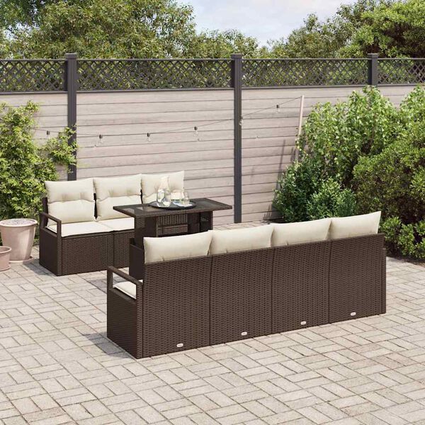 vidaXL Conjunto de sof&aacute; de jard&iacute;n 8 pcs Marr&oacute;n y crema rat&aacute;n sint&eacute;tico