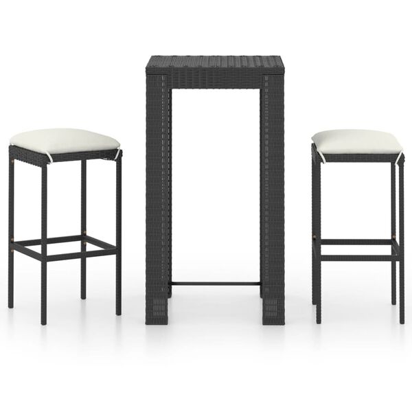 vidaXL Set muebles bar jardín 3 piezas y cojines ratán sintético negro