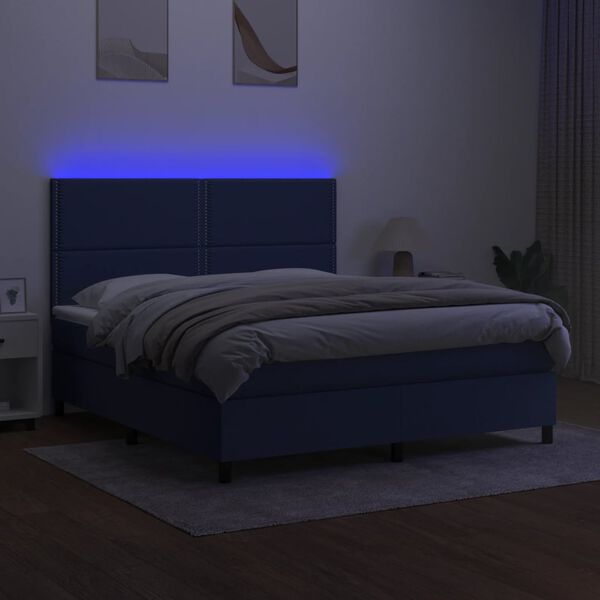 vidaXL Cama box spring colch&oacute;n y luces LED tela azul 180x200 cm