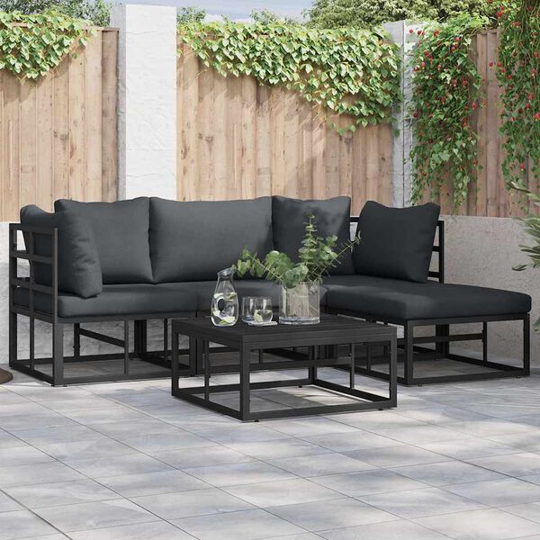 vidaXL Conjunto de sof&aacute; de jard&iacute;n con coj&iacute;n 5 pcs Negro Aluminio