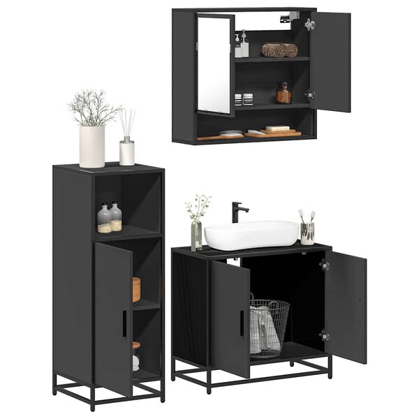 vidaXL Juego de muebles de ba&ntilde;o 3 pzas madera contrachapada negro