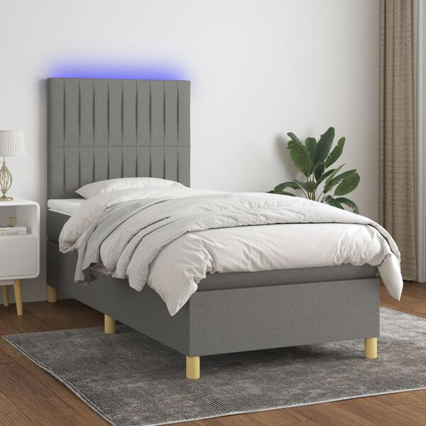 vidaXL Cama box spring colch&oacute;n y luces LED tela gris oscuro 90x190 cm