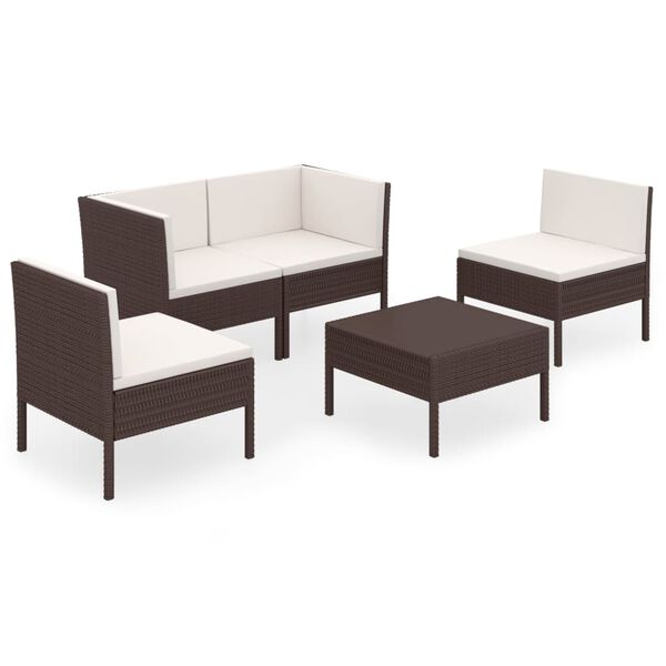 vidaXL Set muebles de jard&iacute;n 5 pzas y cojines rat&aacute;n sint&eacute;tico marr&oacute;n