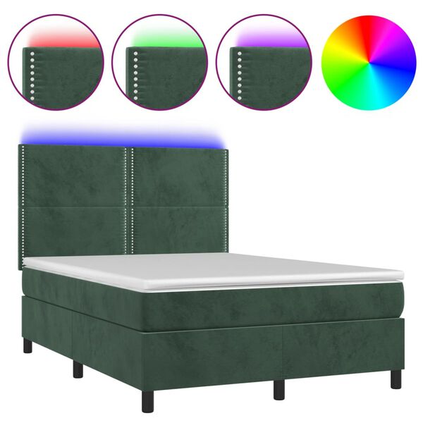 vidaXL Cama box spring colch&oacute;n y LED terciopelo verde oscuro 140x190cm