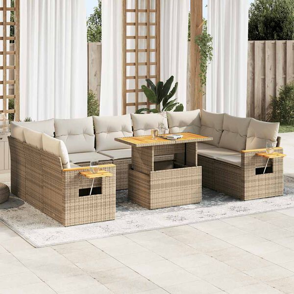vidaXL Set sof&aacute;s jard&iacute;n y cojines 10 pzas rat&aacute;n sint&eacute;tico acacia beige