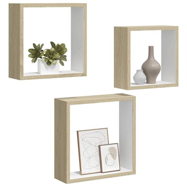 vidaXL Estantes cubo de pared 3 unidades blanco y roble Sonoma