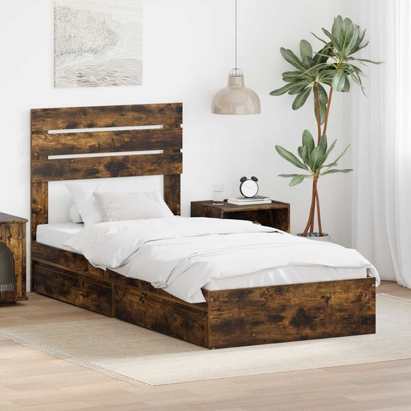 vidaXL Cama con almacenamiento con cabecera Roble ahumado 75 x 190 cm