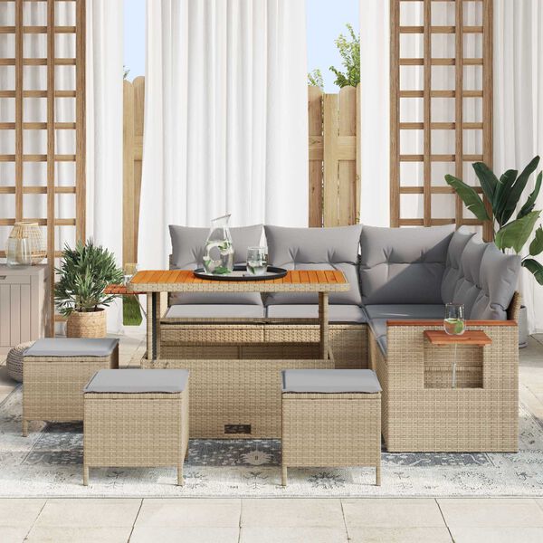 vidaXL Conjunto de sof&aacute;s de jard&iacute;n con coj&iacute;n 9 pcs Beige y Gris Claro