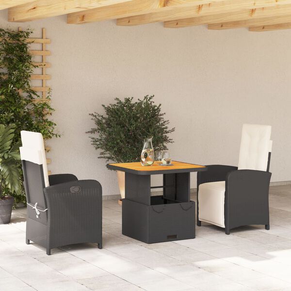 vidaXL Set comedor de jard&iacute;n 3 pzas con cojines rat&aacute;n sint&eacute;tico negro