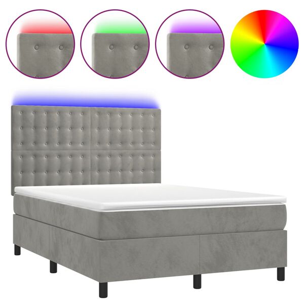 vidaXL Cama box spring colch&oacute;n y LED terciopelo gris claro 140x200 cm