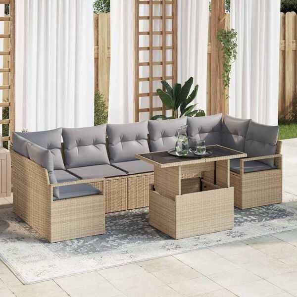 vidaXL Conjunto de sof&aacute; de jard&iacute;n 8 pcs Beige Polirat&aacute;n