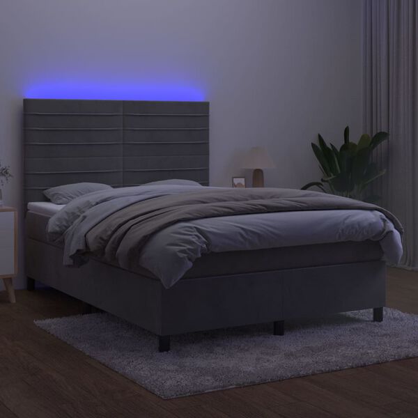 vidaXL Cama box spring colch&oacute;n y LED terciopelo gris claro 140x190 cm