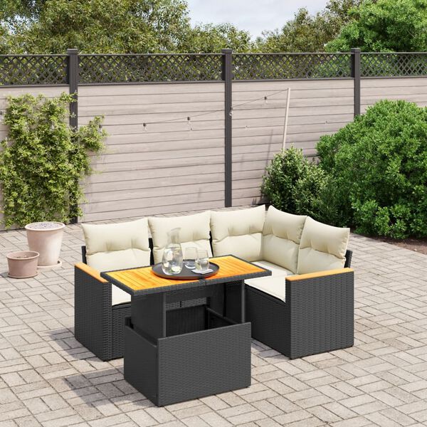 vidaXL Set de muebles de jard&iacute;n 5 pzas y cojines rat&aacute;n sint&eacute;tico negro