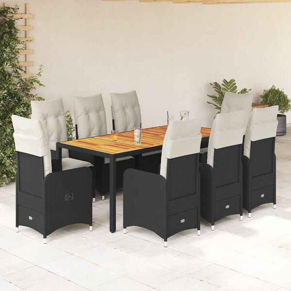 vidaXL Set de mesa y sillas de jard&iacute;n 9 pzas y cojines rat&aacute;n PE negro