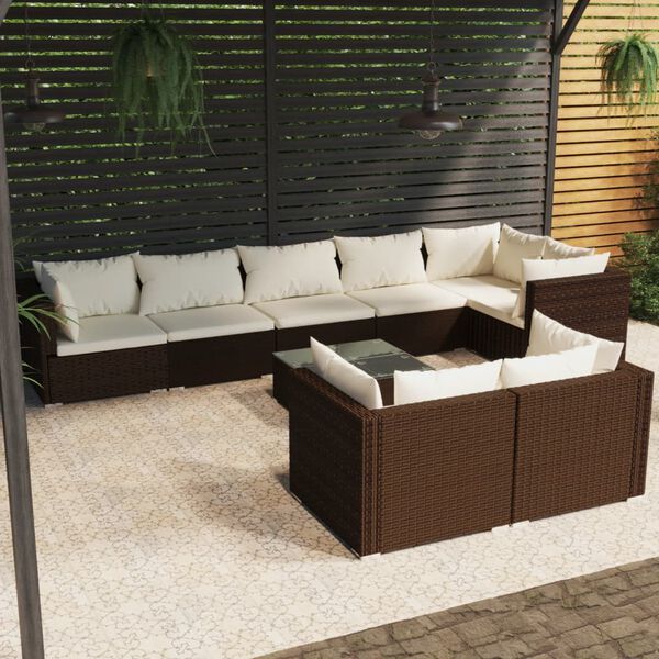 vidaXL Set muebles de jard&iacute;n 9 piezas y cojines rat&aacute;n sint&eacute;tico marr&oacute;n