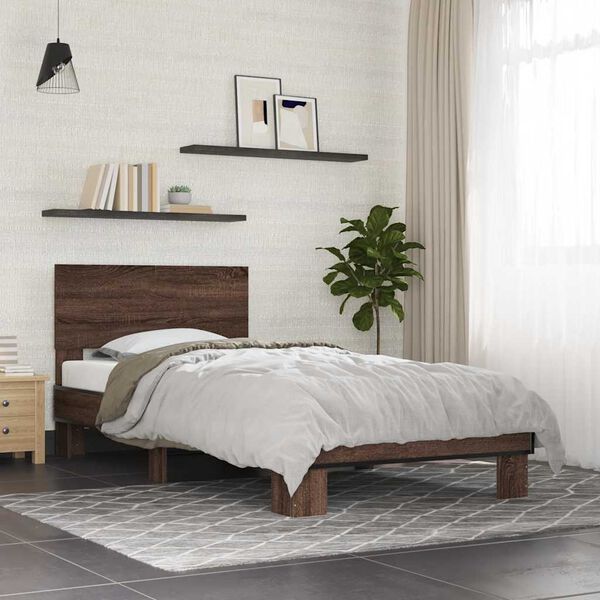 vidaXL Estructura cama madera ingenier&iacute;a metal marr&oacute;n roble 90x190 cm