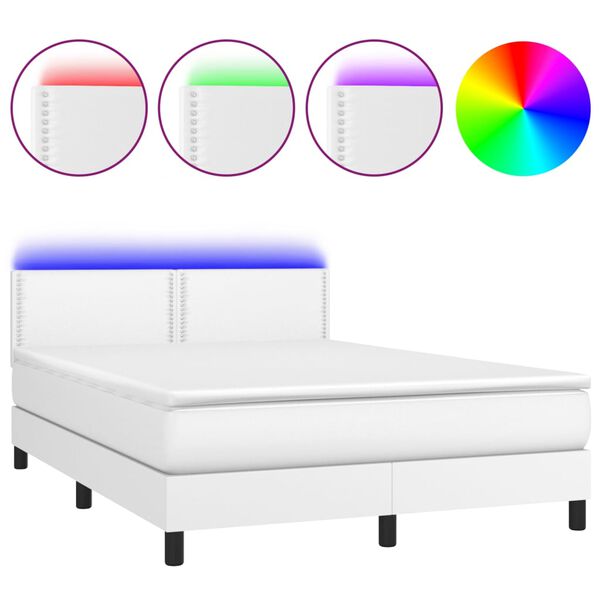 vidaXL Cama box spring colch&oacute;n y LED cuero sint&eacute;tico blanco 140x190 cm