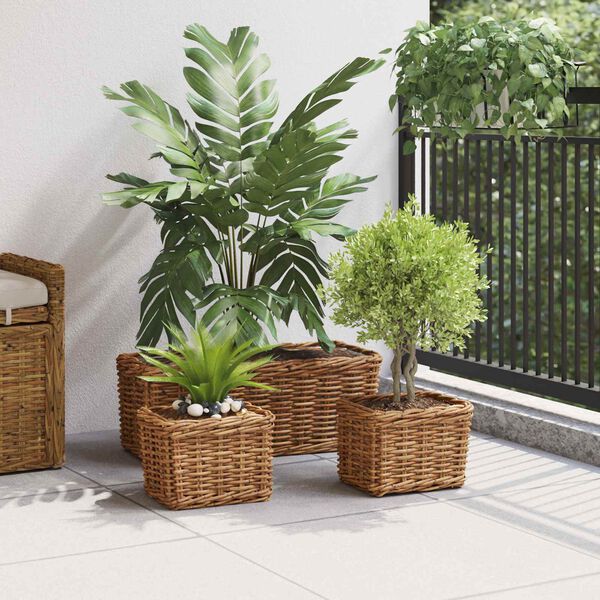 vidaXL Cesta para Plantas con almacenamiento 3 pcs Marr&oacute;n Rat&aacute;n Kubu
