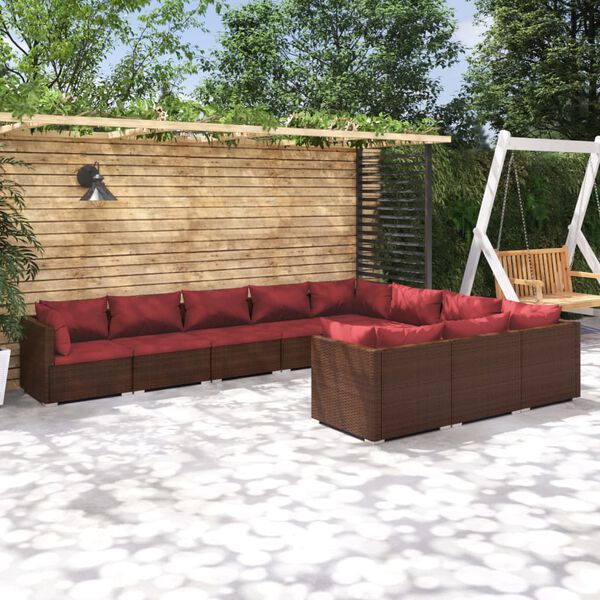 vidaXL Set muebles de jard&iacute;n 10 piezas cojines rat&aacute;n sint&eacute;tico marr&oacute;n