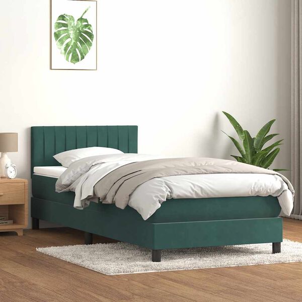 vidaXL Cama box spring con colch&oacute;n y LED terciopelo verde oscuro 90x220 cm