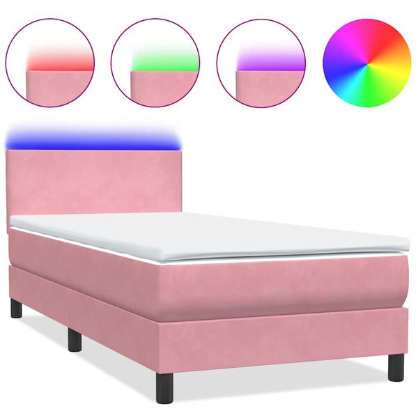 vidaXL Cama box spring con colch&oacute;n y LED terciopelo rosa 90x220 cm