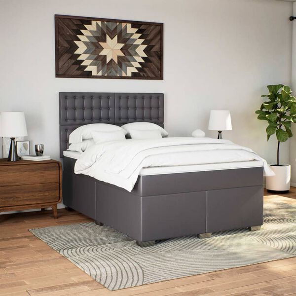 vidaXL Cama box spring con colch&oacute;n cuero sint&eacute;tico gris 140x190 cm
