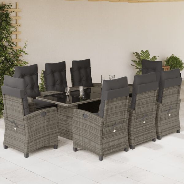 vidaXL Set comedor jard&iacute;n 9 pzas y cojines rat&aacute;n sint&eacute;tico gris
