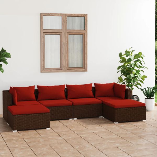 vidaXL Set muebles de jard&iacute;n 6 piezas y cojines rat&aacute;n sint&eacute;tico marr&oacute;n