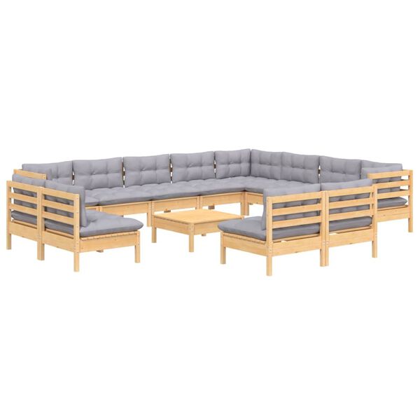 vidaXL Muebles de jardín 13 pzas y cojines gris madera maciza pino