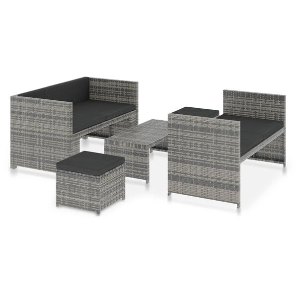 vidaXL Set de muebles de jard&iacute;n 5 pzas y cojines rat&aacute;n sint&eacute;tico gris